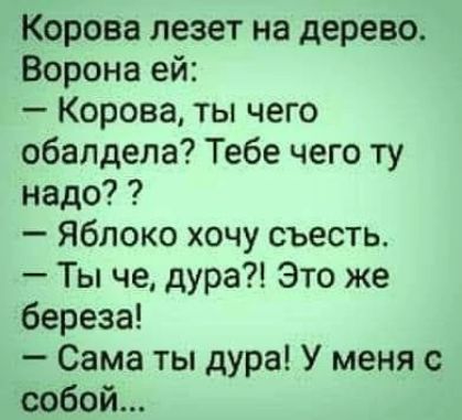 Корова лезет на дерево Ворона ей Корова ты чего обалдела Тебе чего ту надо Яблоко хочу съесть Ты че дура Это же береза Сама ты дура У меня с собой