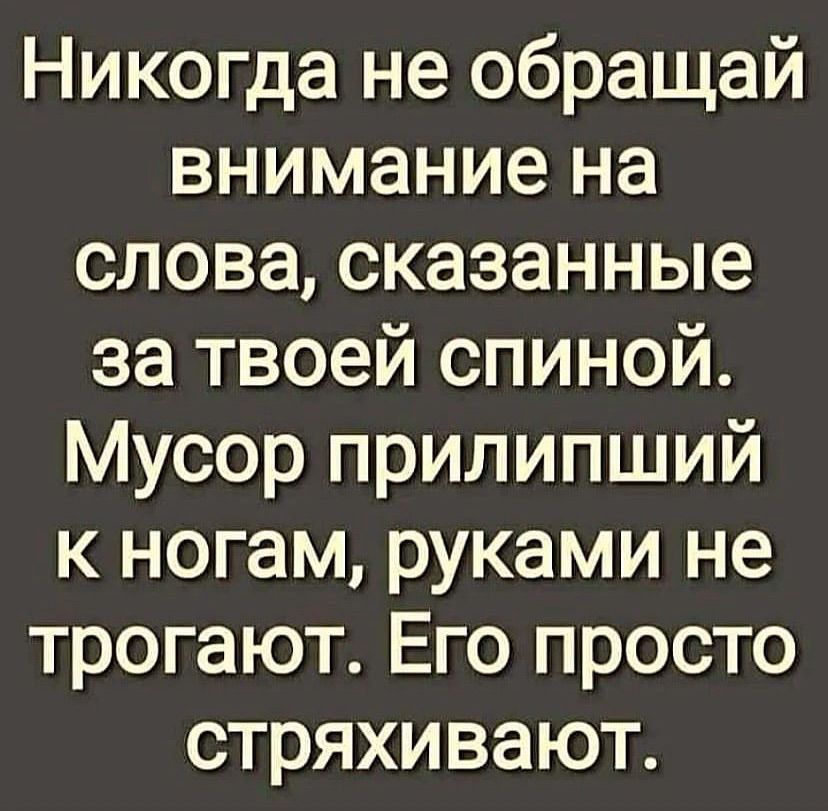 Никогда не обращай внимание на слова сказанные за твоей спиной Мусор прилипший к ногам руками не трогают Его просто стряхивают