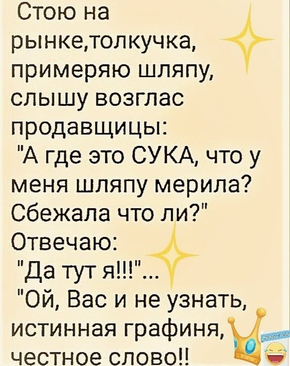 Стою на рынкетолкучка примеряю шляпу слышу возглас продавщицы А где это СУКА что у меня шляпу мерила сбежала что ли Отвечаю Да тут я Ой Вас и не узнать истинная графиня честное слово