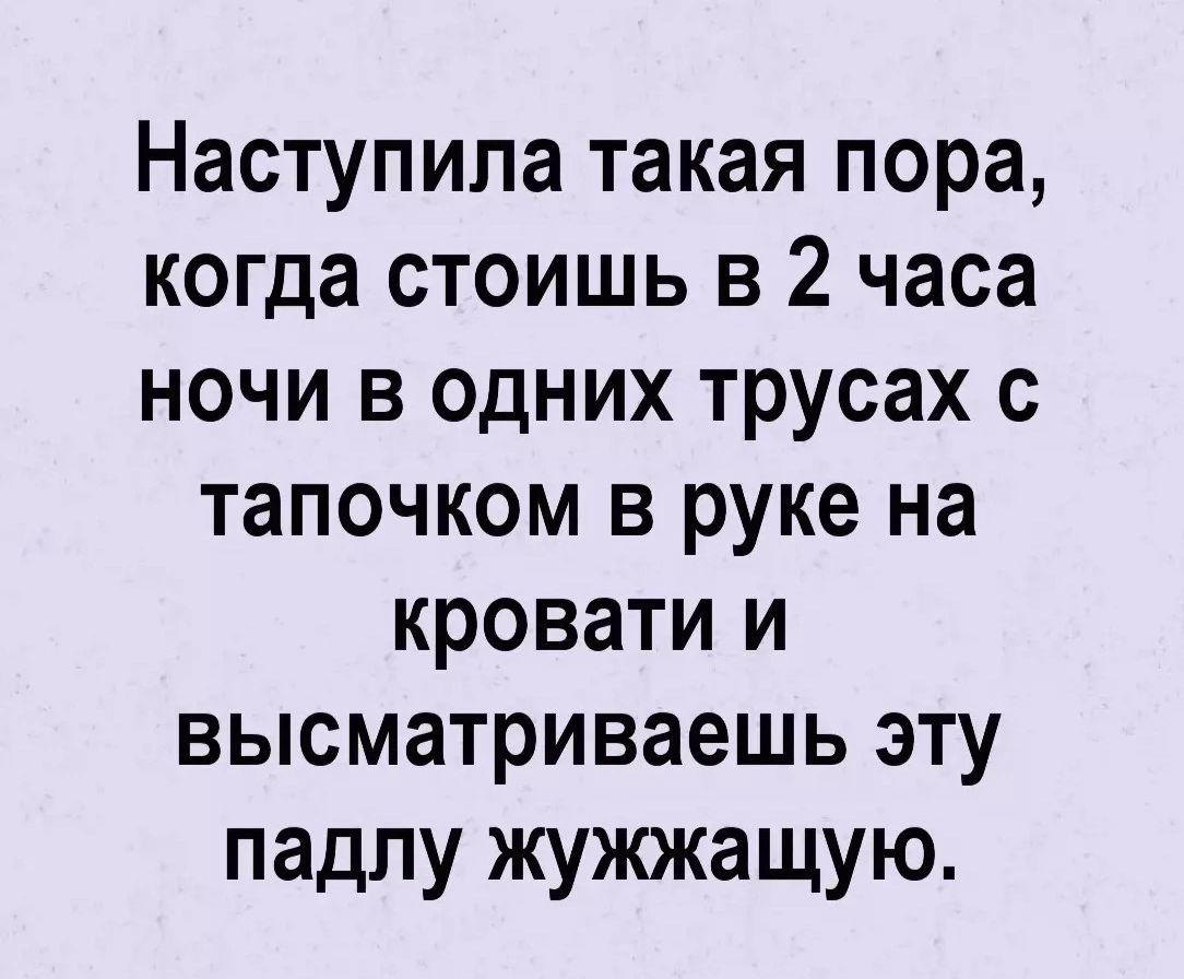 Наступила такая пора когда стоишь в 2 часа ночи в одних трусах с тапочком в руке на кровати и высматриваешь эту падлу жужжащую