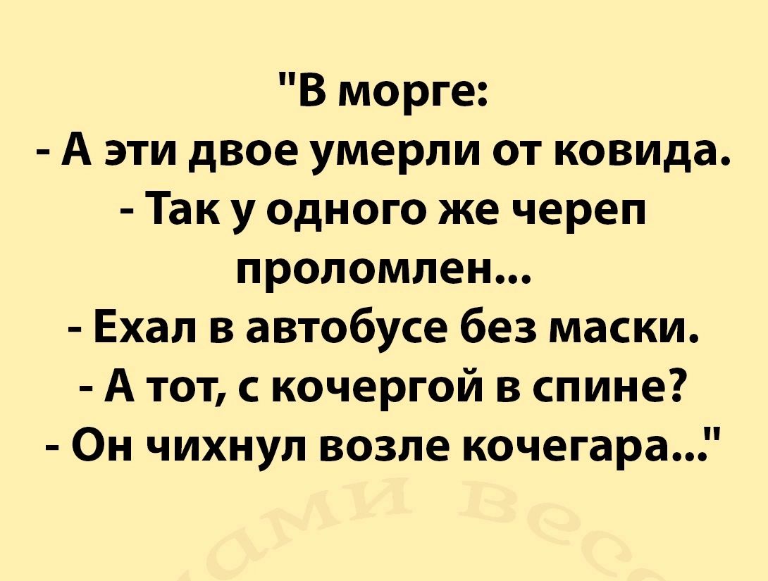 В морге А эти двое умерли от ковида Так у одного же череп пропомлен Ехал в автобусе без маски А тот с кочергой в спине Он чихнуп возле кочегара