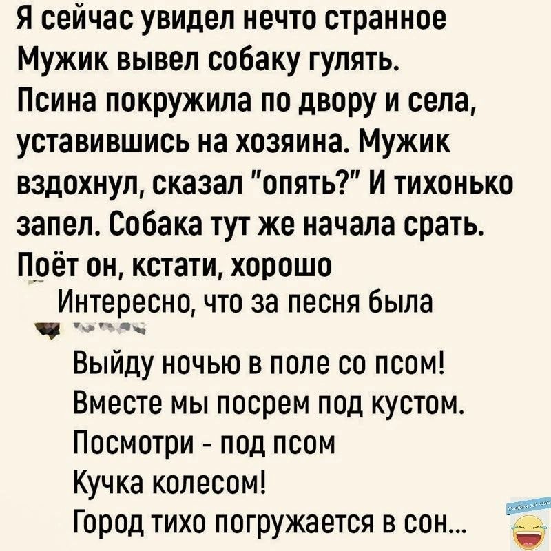 Я сейчас увидел нечто странное Мужик вывел собаку гулять Псина покружипа по двору и села уставившись на хозяина Мужик вздохнул сказал опять И тихонько запел Собака тут же начала срать Поёт он кстати хорошо Интересно что за песня была _ Выйду ночью в поле со псом Вместе мы посрем под кустом Посмотри под псом Кучка колесом Город тихо погружается в сон