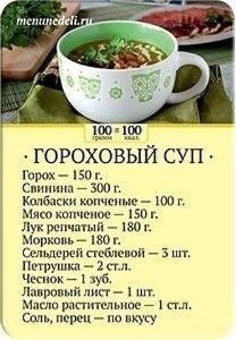 п ГОРОХОВЫЙ СУП Горох 150 г Свинина 300 г Колбаски копченые 100 Мясо копчсиое 150 г Лук репчатый 180 г Морковь 180 г Сельдерей набивной 3 шт Петрушка 2 стл Чсспок 1 зуб Лавровъяй инст 1 пп Масло растительное пл Соль перец по вкусу