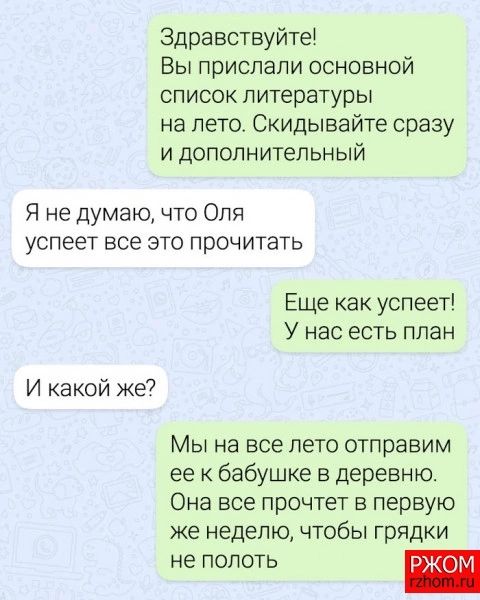 Здравствуйте Вы прислали основной список литературы на лето Скидывайте сразу и дополнительный Я не думаю что Оля успеет все это прочитать Еще как успеет У нас есть план И какой же Мы на все лето отправим ее к бабушке деревню Она все прочтет в первую же неделю чтобы грядки не полоть