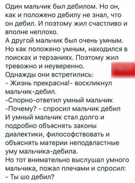 Один мальчик был дебилом Но он как И ПОЛОЖеНО дЕбИПу не знал ЧТО он дебил И поэтому жил счастливо и вполне неплохо А дРУгой мальчик был очень умным Но как положено умным находился в поисках и терзаниях Поэтому жил тревожно и неуверенно Однажды они встретились Жизнь прекрасна воскликнул мальчикдебил Спорноответил умный мальчик Почему спросил мальчик дебил И УМНЫЙ МВПЬЧИК СТЭП дОПГО И подробно объяс