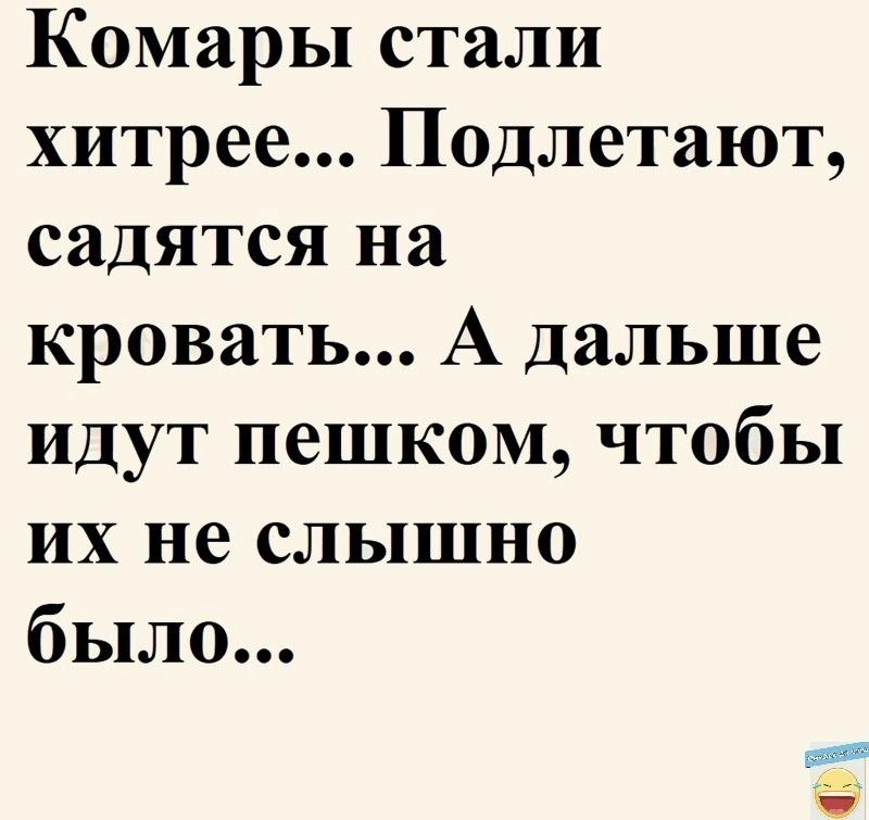 Комары стали хитрее Подлетают садятся на кровать А дальше идут пешком чтобы их не слышно было 153