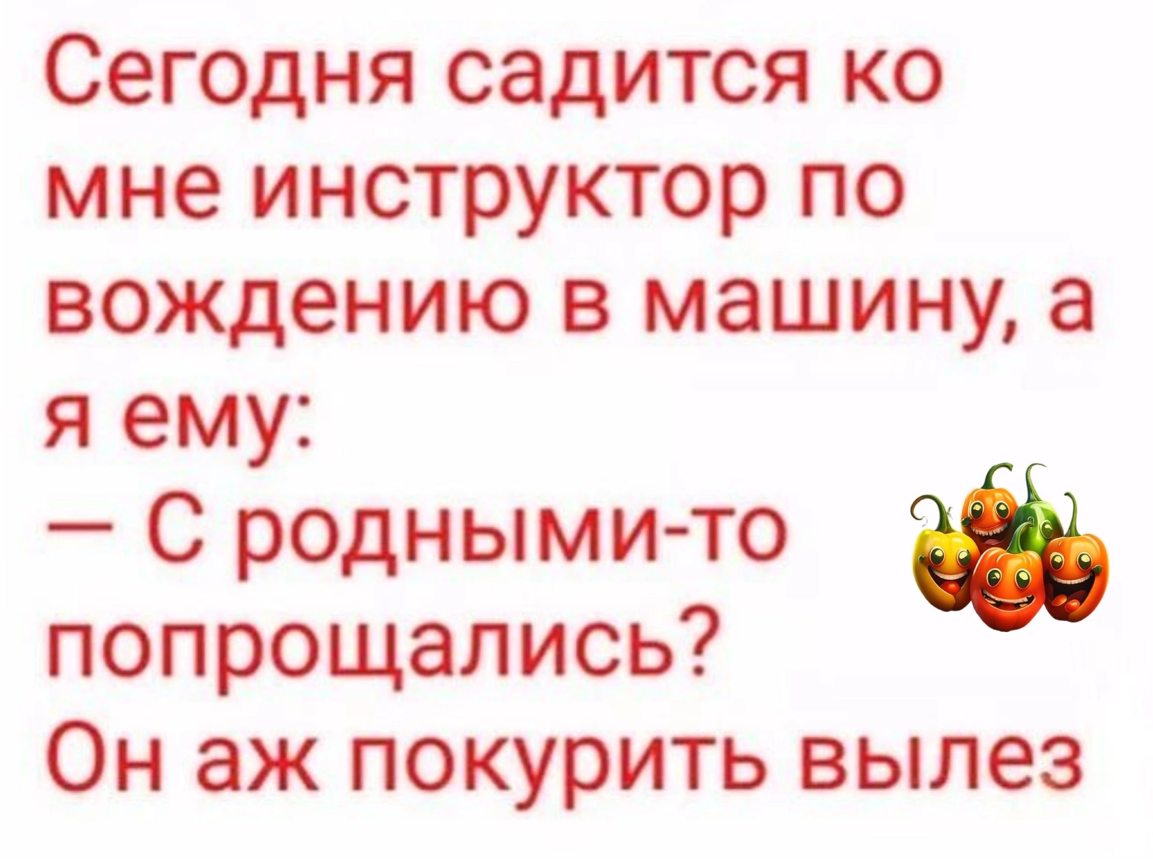 Сегодня садится ко мне инструктор по вождению в машину а я ему С родными то попрощались Он аж покурить вылез