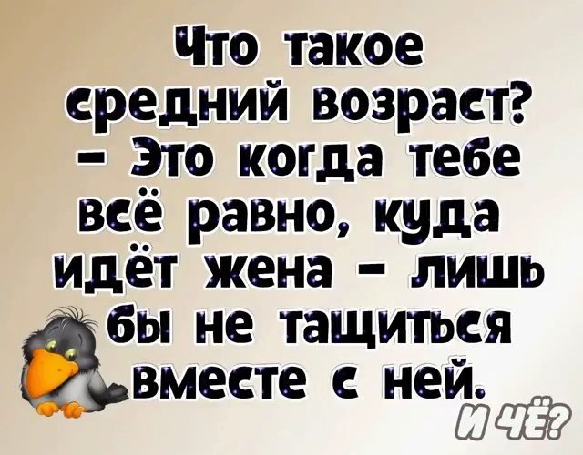 Что такое средний возраст Это когда тебе всё равно куда идёт жена лишь Ёы не тащиться вместе с неЪЩЭр