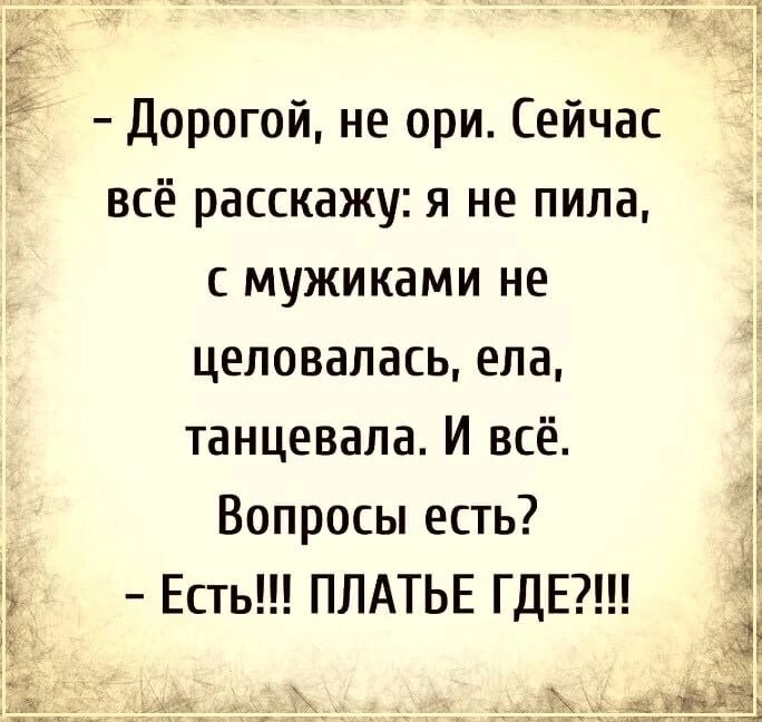 Дорогой не ори Сейчас всё расскажу я не пила с мужиками не целовалась ела танцевала И всё Вопросы есть Есть ПЛАТЬЕ ГДЕ