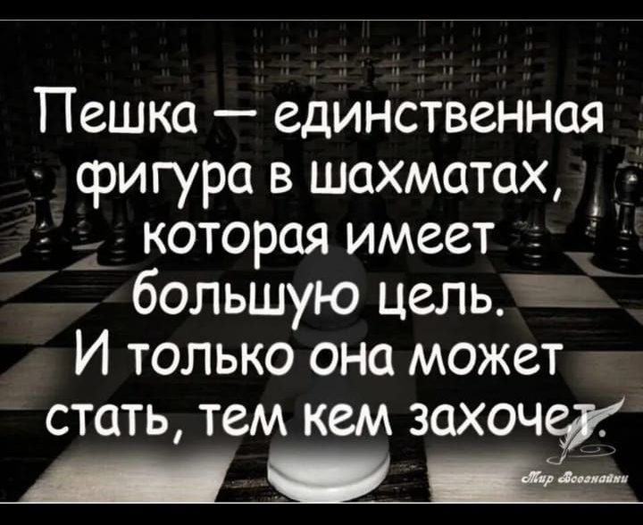 _ Цввжітюо Х Андреи Веселов Й еиюн Пешка единственная фигура в шахматах 1 которая имеет большую цель И только она может стать тем кем захоч щ ЬКласс Комментировать с О Е