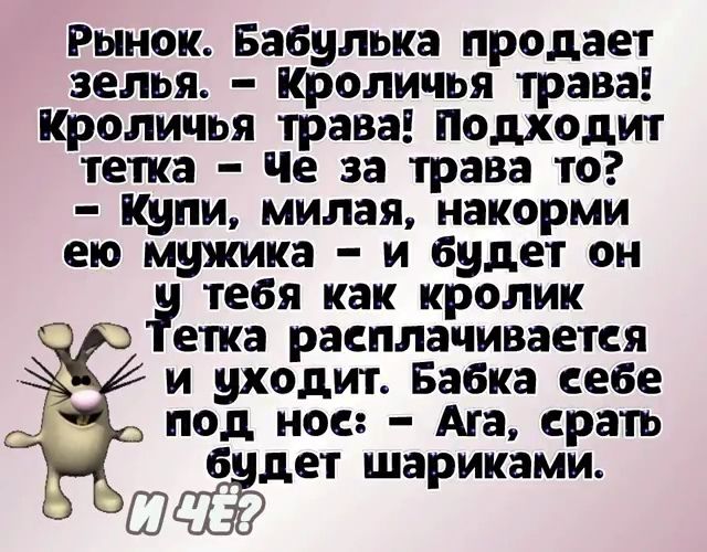 Рынок Бабулька продает зелья Кроличья трава Кроличья трава Подходит тетка Че за трава то Купи милая накорми ею мужика и будет он тебя как кролик етка расплачивается и уходит Бабка себе под нос Ага срать 6 дет шариками тай