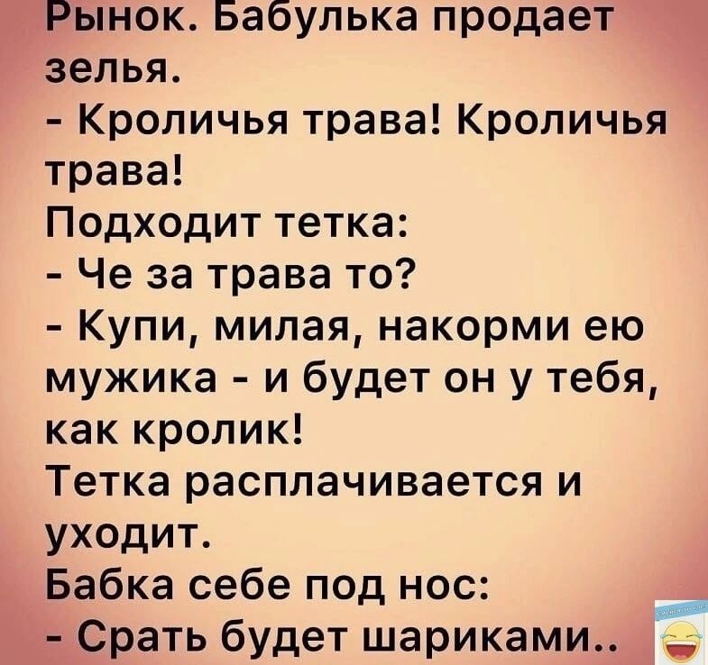 Рынок Бабулька продает зелья Кроличья трава Кроличья трава Подходит тетка Че за трава то Купи милая накорми ею мужика и будет он у тебя как кролик Тетка расплачивается и уходит Бабка себе под нос __ Срать будет шариками