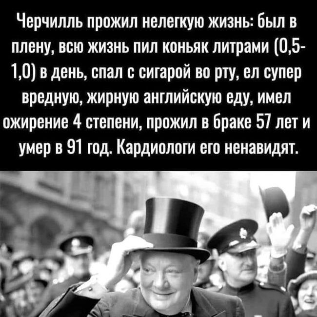 Черчилль прожил нелегкую жизнь Был в плену всю жизнь пил коньяк литрами 05 111 в день спал сигарой во рту ел супер вредную жирную английскую еду имел ожирение 4 степени прожил в браке 57 лет и умер в 91 год Кардиолпги его ненавидят