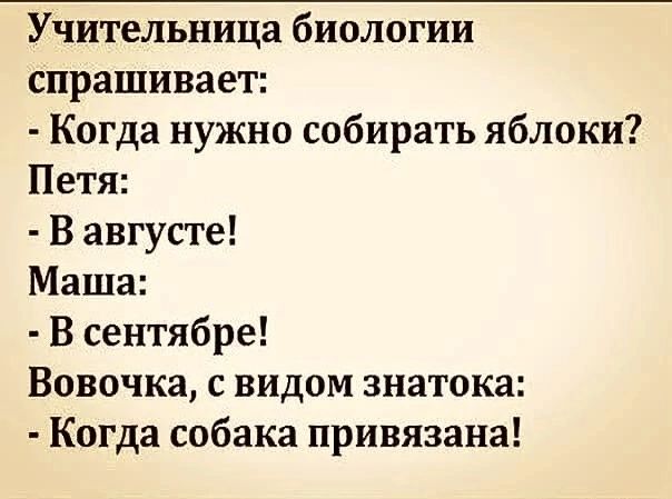 Учительница биологии спрашивает Когда нужно собирать яблоки Петя В августе Маша В сентябре Вовочка с видом знатока Когда собака привязана