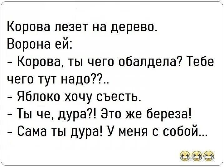 Корова лезет на дерево Ворона ей Корова ты чего обалдела Тебе чего тут надо Яблоко хочу съесть Ты че дура Это же береза Сама ты дура У меня с собой