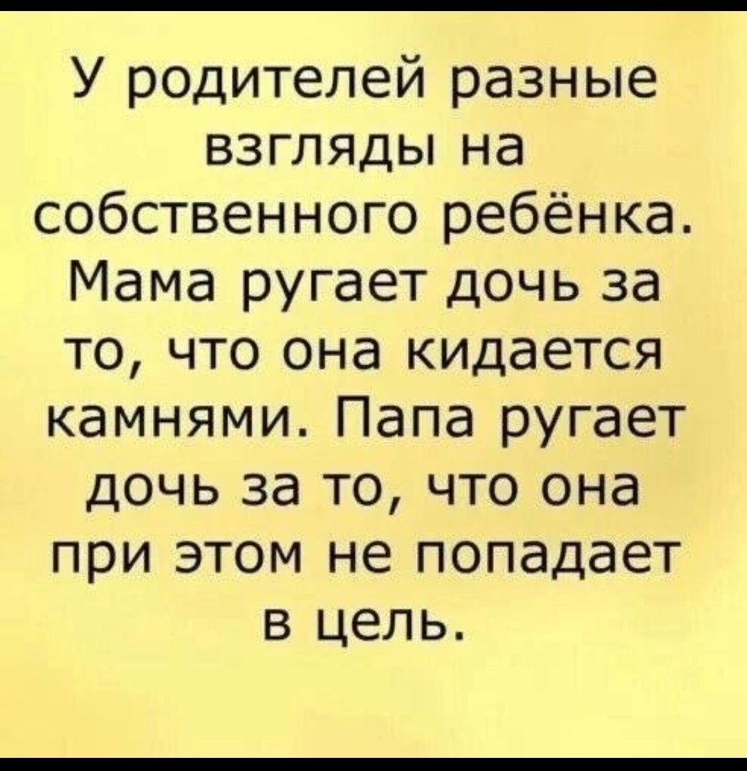 У родителей разные взгляды на собственного ребёнка Мама ругает дочь за то что она кидается камнями Папа ругает дочь за то что она при этом не попадает в цель