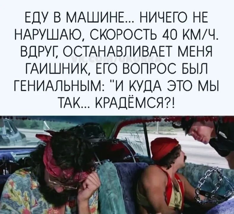 ЕДУ В МАШИНЕ НИЧЕГО НЕ НАРУШАЮ СКОРОСТЬ 40 КМЧ ВДРУЕ ОСТАНАВЛИВАЕТ МЕНЯ ГАИШНИК ЕГО ВОПРОС БЫЛ ГЕНИАЛЬНЫМ И КУДА ЭТО МЫ ТАК КРАДЁМСЯ