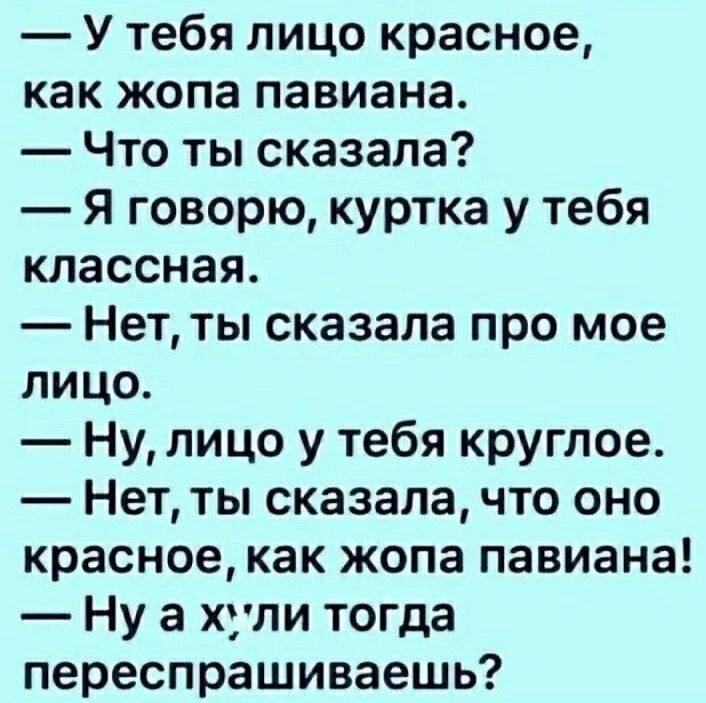 У тебя лицо красное как жопа павиана Что ты сказала Я говорю куртка у тебя классная Нетты сказала про мое лицо Нулицо у тебя круглое Нет ты сказала что оно красное как жопа павиана Ну а хули тогда переспрашиваешь