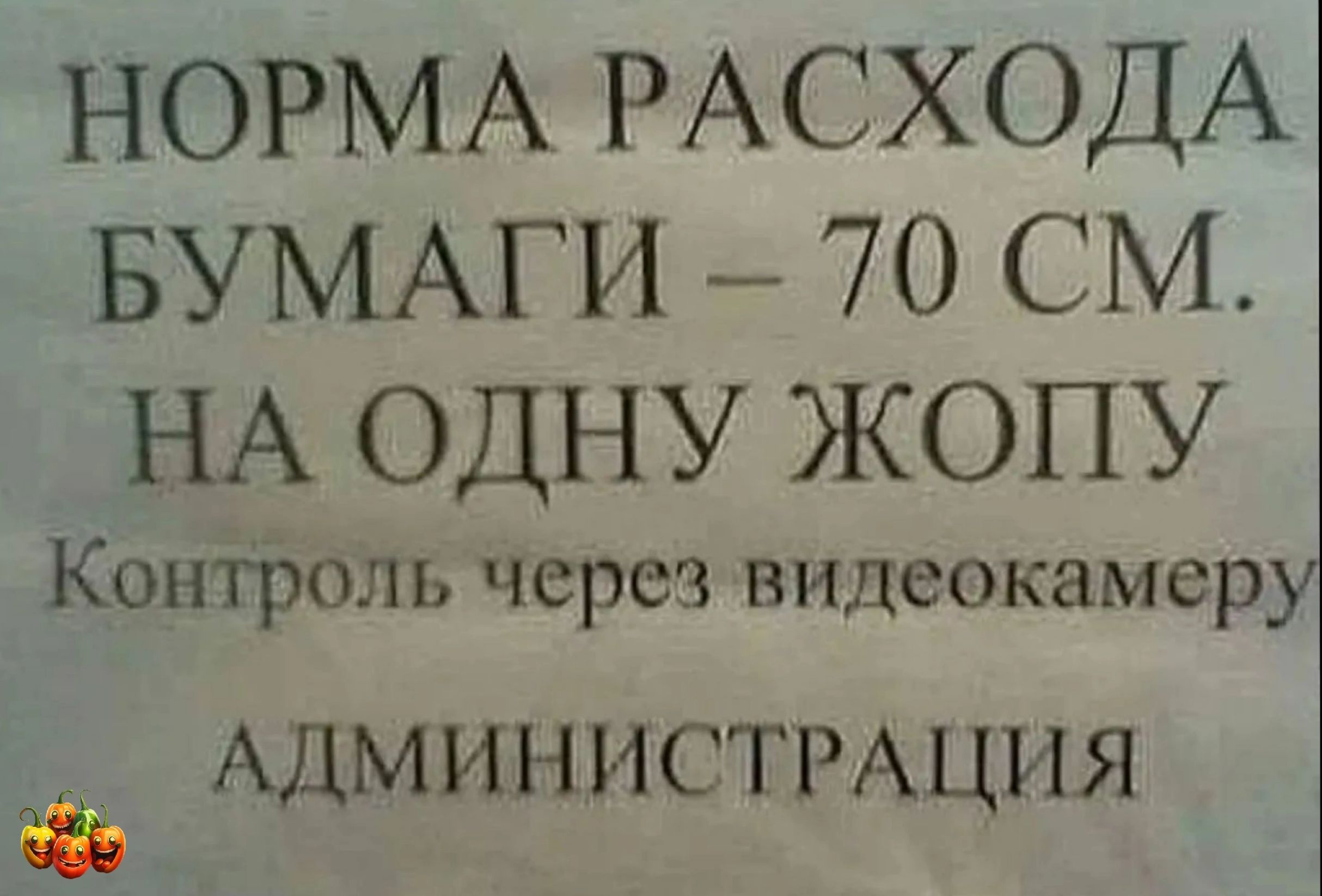 НОРМА РАСХОДА БУМАГИ 70 СМ НА ОДНУ ЖОПУ Контроль через видеокамеру АДМИНИСТРАЦИЯ