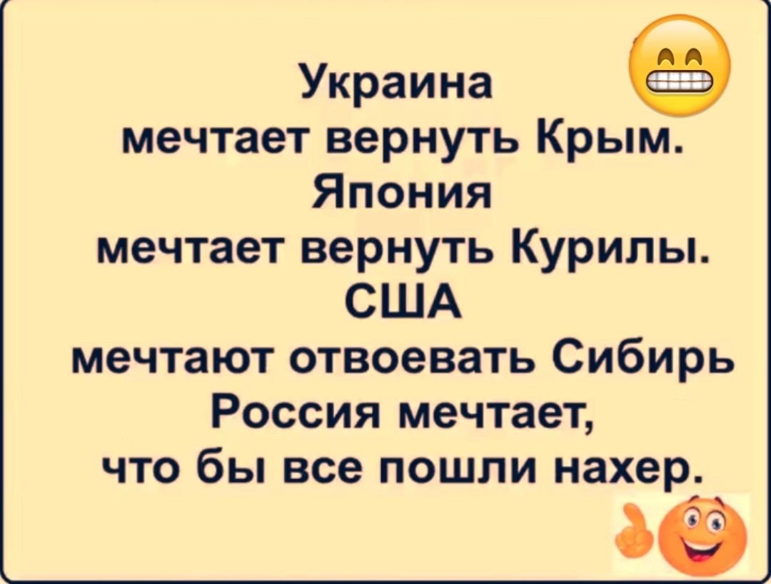 Украина мечтает вернуть Крым Япония мечтает вернуть Курилы США мечтают отвоевать Сибирь Россия мечтает что бы все пошли нахер 39