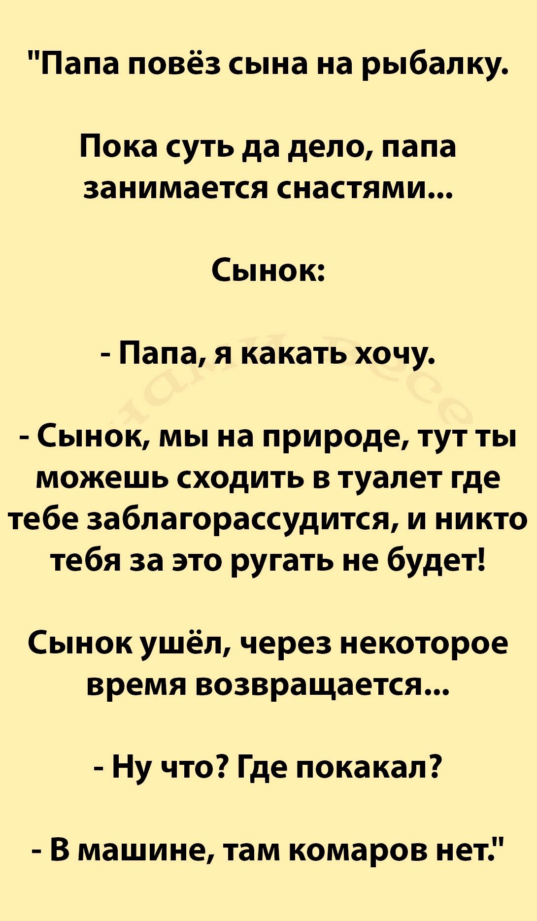 Папа повёз сына на рыбалку Пока суть да дело папа занимается снастями Сынок Папа я какать хочу Сынок мы на природе тут ты можешь сходить в туалет где тебе заблагорассудится и никто тебя за это ругать не будет Сынок ушёл через некоторое время возвращается Ну что Где покакал В машине там комаров нет