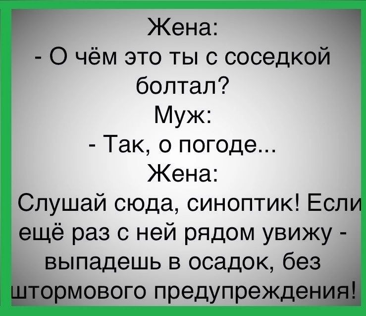 Жена О чём это ты с соседкой болтал Муж Так о погоде Жена Слушай сюда синоптик Есл ещё раз с ней рядом увижу выпадешь в осадок без ттормового предупрежд