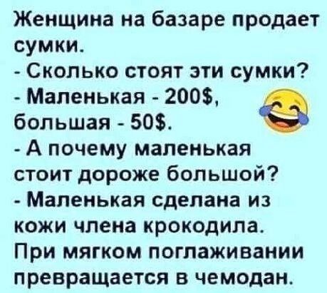 Женщина на базаре продает сумки Сколько стоят эти сумки Маленькая 200 большая 50 А почему маленькая стоит дороже большой Маленькая сделана из кожи члена крокодила При мягком поглаживании превращается в чемодан