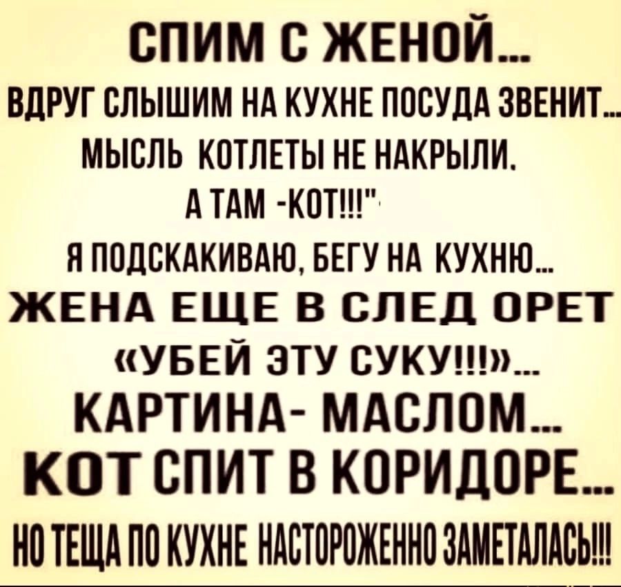 СПИМ С ЖЕНОЙ ВДРУГ СЛЫШИМ НА КУХНЕ ПОСУДА ЗВЕНИТ МЫСЛЬ КОТЛЕТЫ НЕ НАКРЫЛИ АТАМ КОТ ЯПОДСКАКИВАЮ БЕГУ НА КУХНЮ ЖЕНА ЕЩЕ В СЛЕД ОРЕТ УБЕЙ ЭТУ СУКУ КАРТИНА МАСЛОМ КОТ СПИТ В КОРИДОРЕ НОТЕЩАПО КУХНЕ НАСТОРОЖЕННО ЗАМЕТАЛАСЫЙ