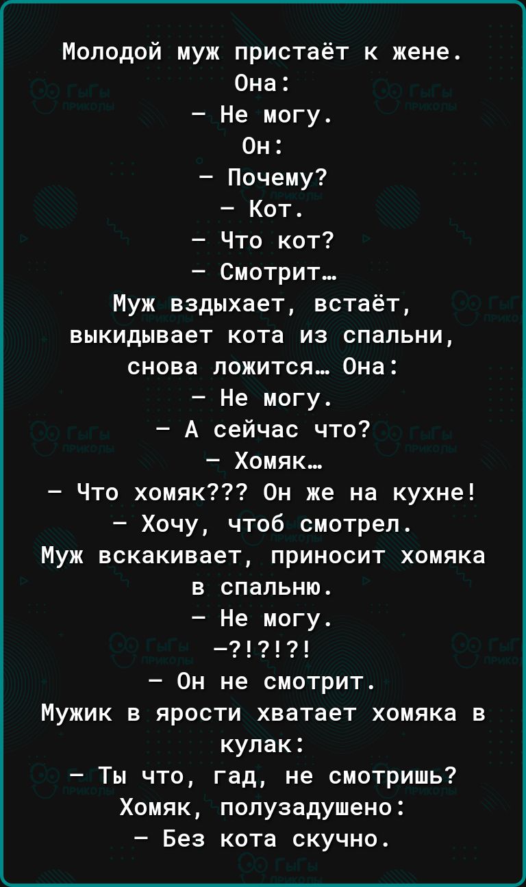 Молодой муж пристаёт к жене Она Не могу Он Почему Кот Что кот Смотрит Муж вздыхает встаёт выкидывает кота из спальни снова ложится Она Не могу А сейчас что Хомяк Что хомяк Он же на кухне Хочу чтоб смотрел Муж вскакивает приносит хомяка в спальню Не могу Он не смотрит Мужик в ярости хватает хомяка в кулак Ты что гад не смотришь Хомяк полузадушено Бе