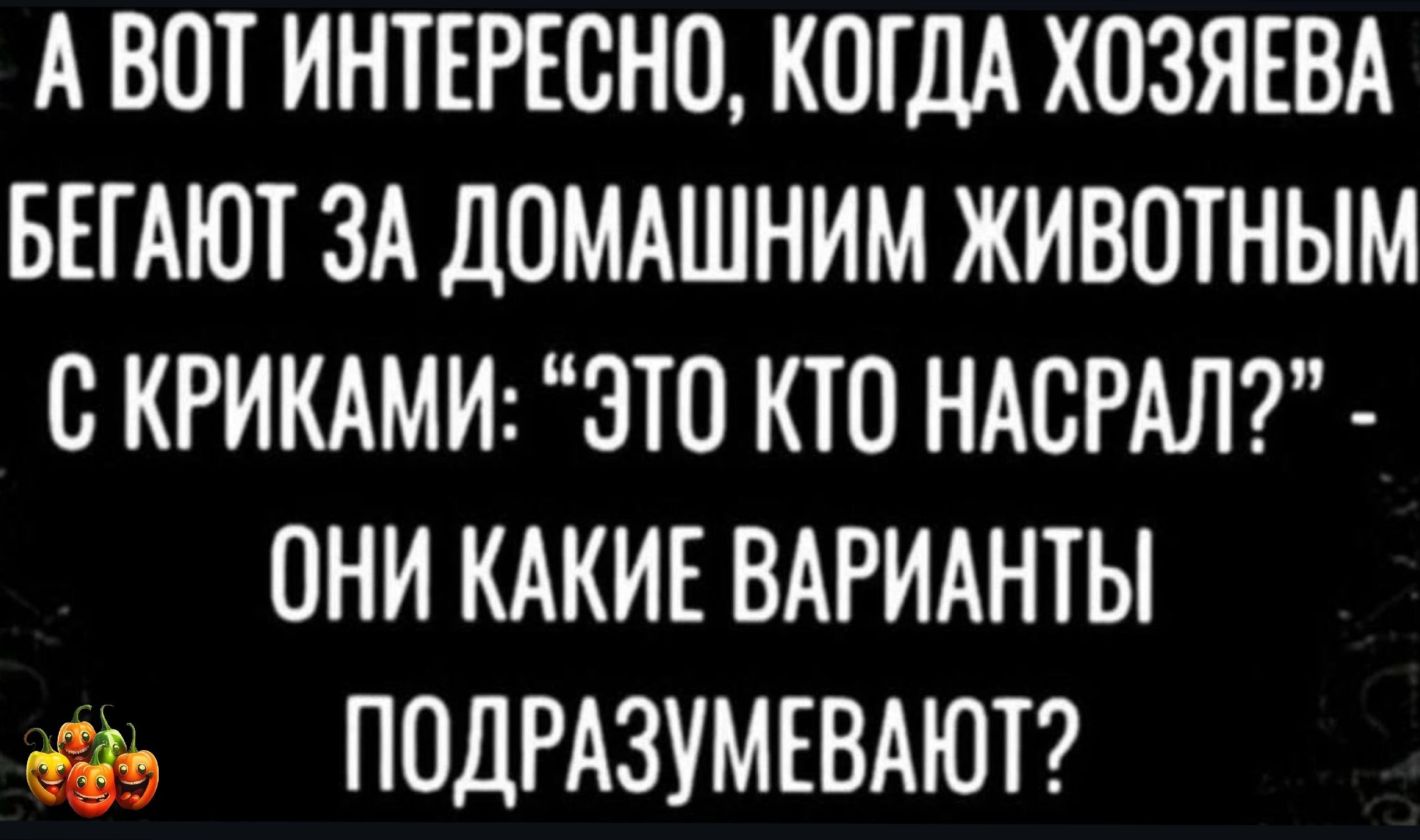 АВОТ ИНТЕРЕСНО КОГДА ХОЗЯЕВА БЕГАЮТ ЗА ДОМАШНИМ ЖИВОТНЫМ С КРИКАМИ ЭТО КТО НАСРАЛ ОНИ КАКИЕ ВАРИАНТЫ 5 ПОДРАЗУМЕВАЮТ