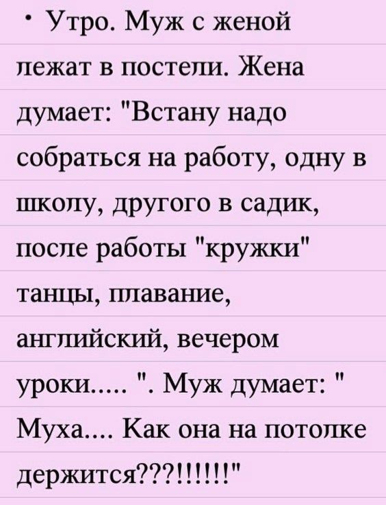 Утро Муж с женой лежат в постели Жена думает Встану надо собраться на работу одну в школу другого в садик после работы кружки танцы плавание английский вечером уроки Муж думает Муха Как она на потолке держится