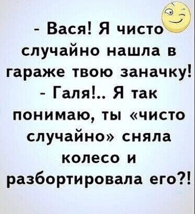 Вася Я чистоё случайно нашла в гараже твою заначку Галя Я так понимаю ты чисто случайно сняла колесо и разбортировала его