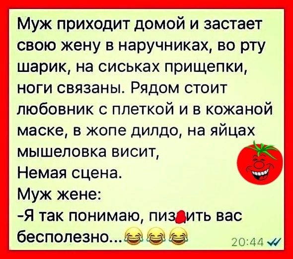 Муж приходит домой и застает свою жену в наручниках во рту шарик на сиськах прищепки ноги связаны Рядом стоит любовник с плеткой и в кожаной маске в жопе дилдо на яйцах мышеловка висит Немая сцена Муж жене Я так понимаю пизфить вас бесполезно