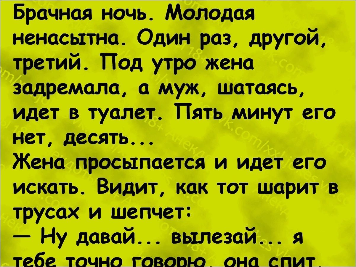 ненасытна Один раз другой третий Под утро жена задремала а муж шатаясь идет в туалет минут его нет десять Жена просыпается и идет его искать Видит как тот шарит в трусах и шепчет Ну давай вылезай я этебе точно гововю она спыит