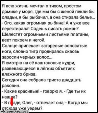 Я всю жизнь мечтал о тихом простом домике у моря где мы бы с женой пекли бы оладьи я бы рыбачил а она стирала белье Ого какая огромная рыбина А я уже все перестирала Сядешь писать роман Шелестят огромными листьями платаны веет покоем и негой Солнце припекает загорелые волосатые ноги словно тигр продираясь сквозь заросли черных волос Я смотрю на её 