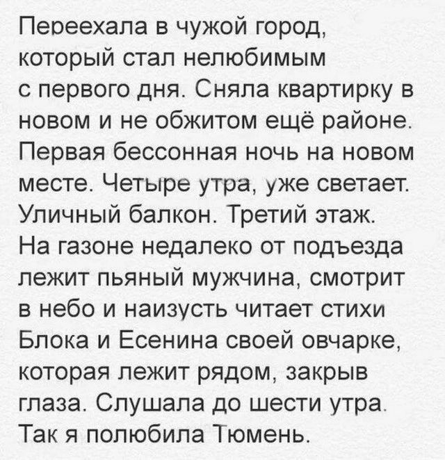 Переехала в чужой город который стал нелюбимым с первого дня Сняла квартирку в новом и не обжитом ещё районе Первая бессонная ночь на новом месте Четыре утра уже светает Уличный балкон Третий этаж На газоне недалеко от подъезда лежит пьяный мужчина смотрит в небо и наизусть читает стихи Блока и Есенина своей овчарке которая лежит рядом закрыв глаза