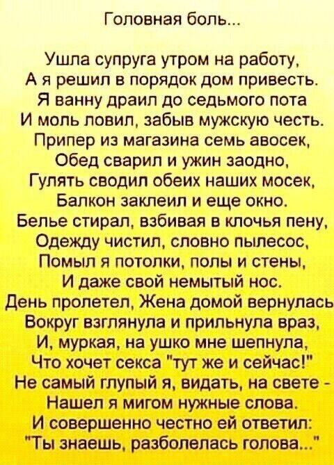 Головная боль Ушла супруга утром на работу Аярешил в порядок дом привесть Я ванну драил до седьмого пота И моль ловил забыв мужскую честь Припер из магазина семь авосек Обед сварил и ужин заодно Гулять сводил обеих наших мосек Балкон заклеил и еще окно Белье стирал взбивая в клочья пену Одежду чистил словно пылесос Помыл я потолки полы и стены И да