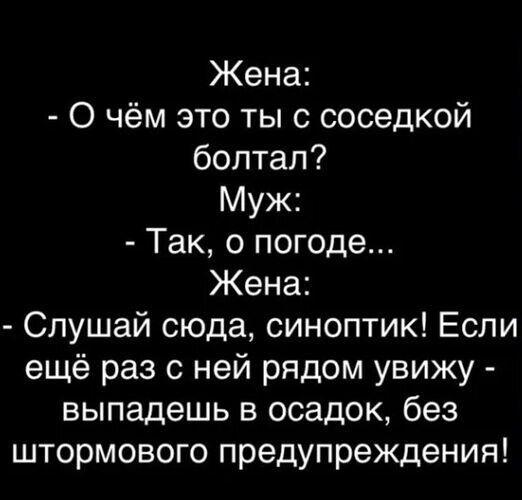 Жена О чём это ты с соседкой болтал Муж Так о погоде Жена Слушай сюда синоптик Если ещё раз с ней рядом увижу выпадешь в осадок без штормового предупреждения