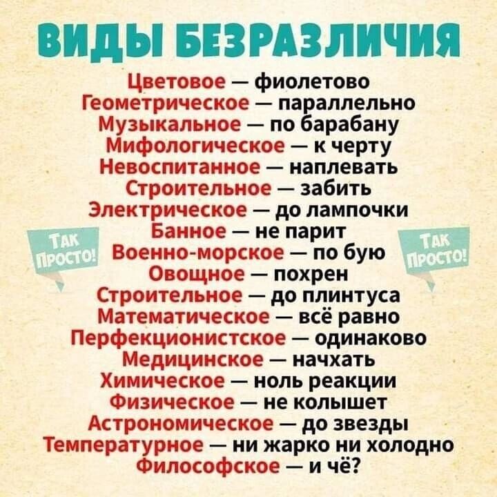 Цветовое фиолетово Геометрическое параллельно Музыкальное по барабану Мифологическое к черту Невоспитанное наплевать Строительное забить ЗлепЕическое до лампочки у анное не парит 7 2 Военно морское по бую 1 Овощное похрен ы Строительное до плинтуса Математическое всё равно Перфекционистское одинаково Медицинское начхать Химическое ноль реакции Физи