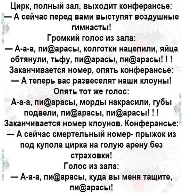 Цирк полный зал выходит конферансье А сейчас перед вами выступят воздушные гимнасты Громкий голос из зала А а а пиарасы колготки нацепили яйца обтянули тьфу пиарасы пиарасы Заканчивается номер опять конферансье Атеперь вас развеселят наши клоуны Опять тот же голос А а а пиарасы морды накрасили губы подвели пиарасы пиарасы Заканчивается номер клоуно