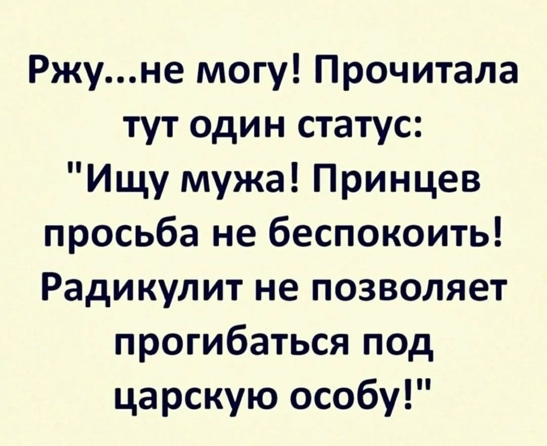 Ржуне могу Прочитала тут один статус Ищу мужа Принцев просьба не беспокоить Радикулит не позволяет прогибаться под царскую особу