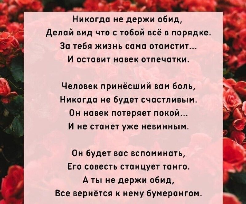 Гобо Ф оо Никогда не держи обид 3 Делай вид что с тобой всё в порядке За тебя жизнь сама отомстит И оставит навек отпечатки Человек принёсший вам боль Никогда не будет счастливым Он навек потеряет покой Ине станет уже невинным Он будет вас вспоминать Его совесть станцует танго Аты не держи обид Все вернётся к нему бумерангом