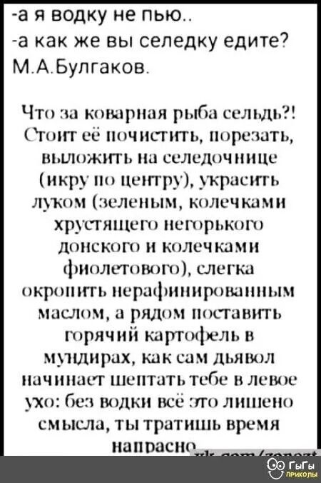 а я водку не пью а как же вы селедку едите МАБулгаков Что за коварная рыба сельдь Стоит её почистить порезать выложить на селедочнице икру по центру украсить луком зеленым колечками хрустящего негорького донского и колечками фиолетового слегка окропить нерафинированным маслом а рядом поставить горячий картофель в мундирах как сам дьявол начинает ше