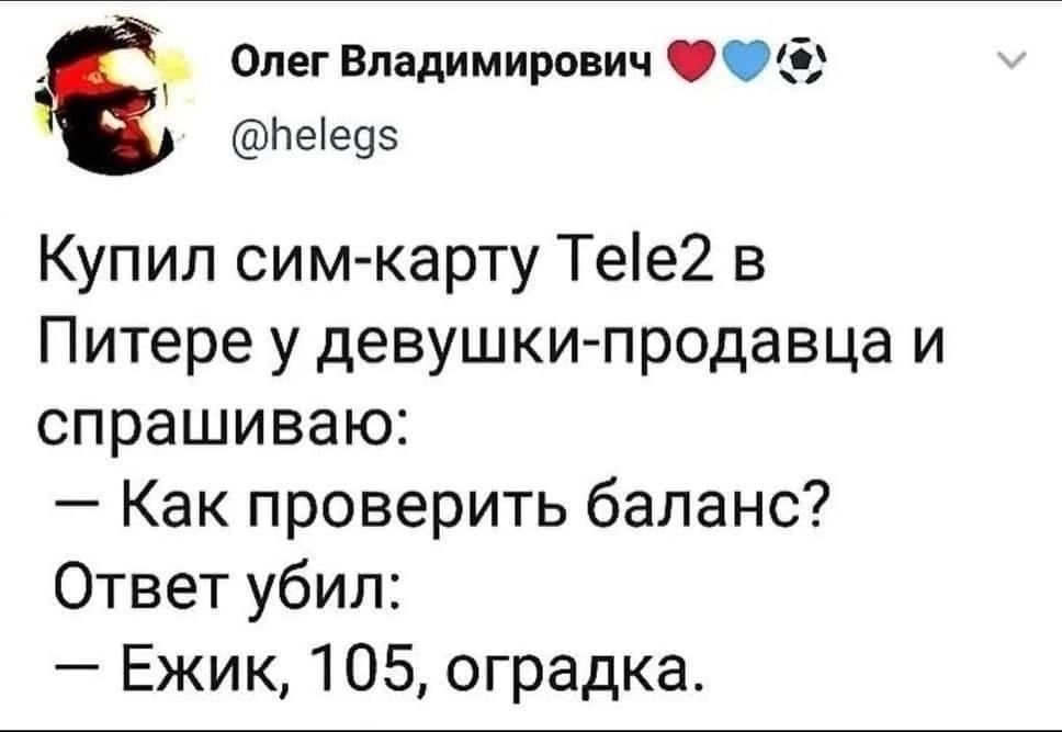 ъ Олег Владимирович Ф еед5 Купил сим карту Тее2 в Питере у девушки продавца и спрашиваю Как проверить баланс Ответ убил Ежик 105 оградка