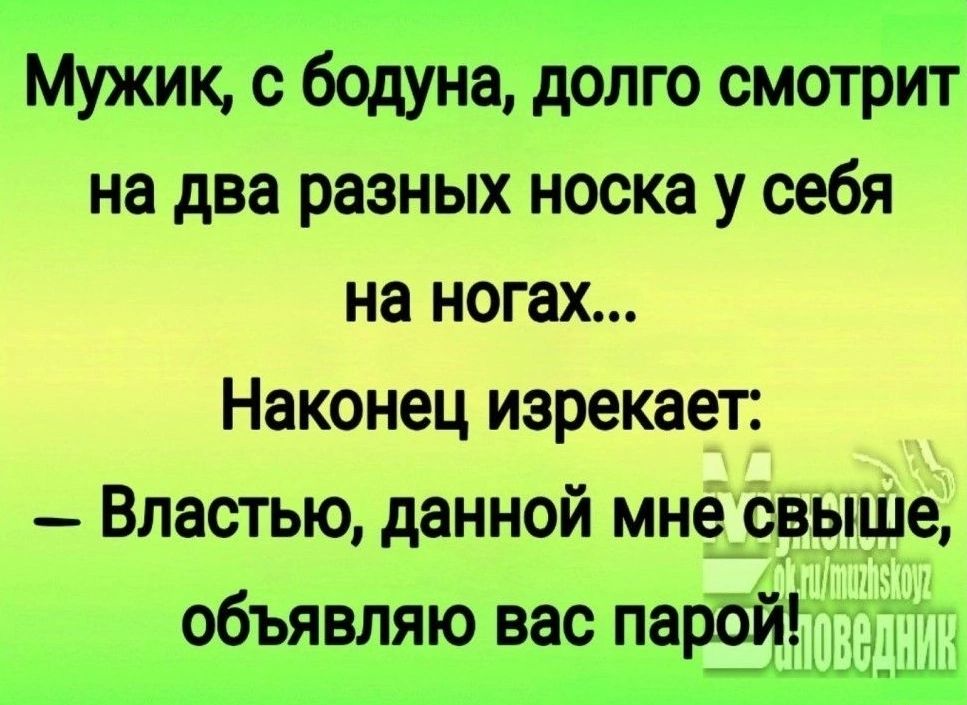 Мужик с бодуна долго смотрит на два разных носка у себя на ногах Наконец изрекает Властью данной мне свыше объявляю вас парой