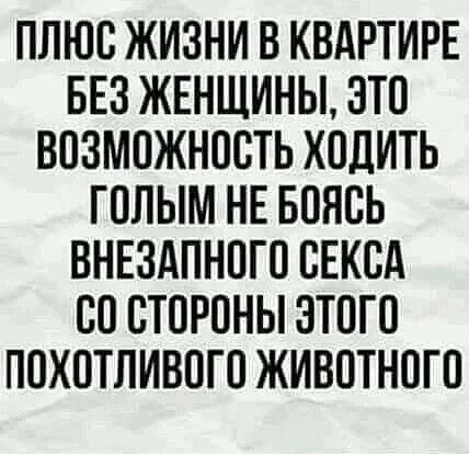 ПЛЮС ЖИЗНИ В КВАРТИРЕ БЕЗ ЖЕНЩИНЫ ЭТО ВОЗМОЖНОСТЬ ХОДИТЬ ГОЛЫМ НЕ БОЯСЬ ВНЕЗАПНОГО СЕКСА СО СТОРОНЫ ЭТОГО ПОхОоТЛИВОГО ЖИВОТНОГО