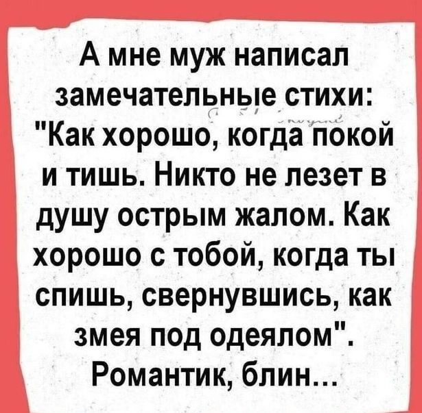 А мне муж написал замечательные стихи Как хорошо когда покой и тишь Никто не лезет в душу острым жалом Как хорошо с тобой когда ты спишь свернувшись как змея под одеялом Романтик блин