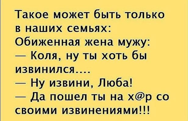 Такое может быть только в наших семьях Обиженная жена мужу Коля ну ты хоть бы ИЗВИНИЛся Ну извини Люба Да пошел ты на хр со своими извинениями