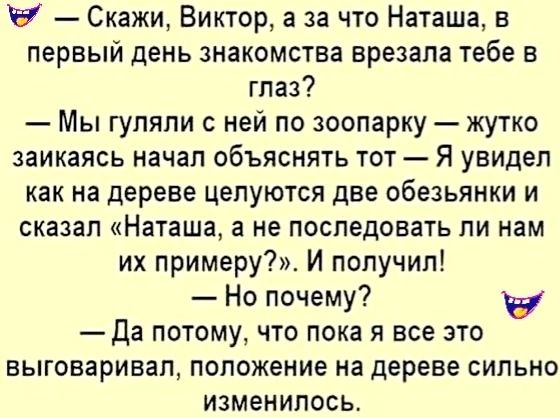 — Скажи, Виктор, а за что Наташа, в первый день знакомства врезала тебе в глаз?  — Мы гуляли с ней по зоопарку — жутко заикаясь начал объяснять тот — Я увидел как на дереве целуются две обезьянки и сказал «Наташа, а не последовать ли нам их примеру?». И получил!  — Ну почему?  — Да потому, что пока я всё это выговаривал, положение на дереве сильно изменилось.