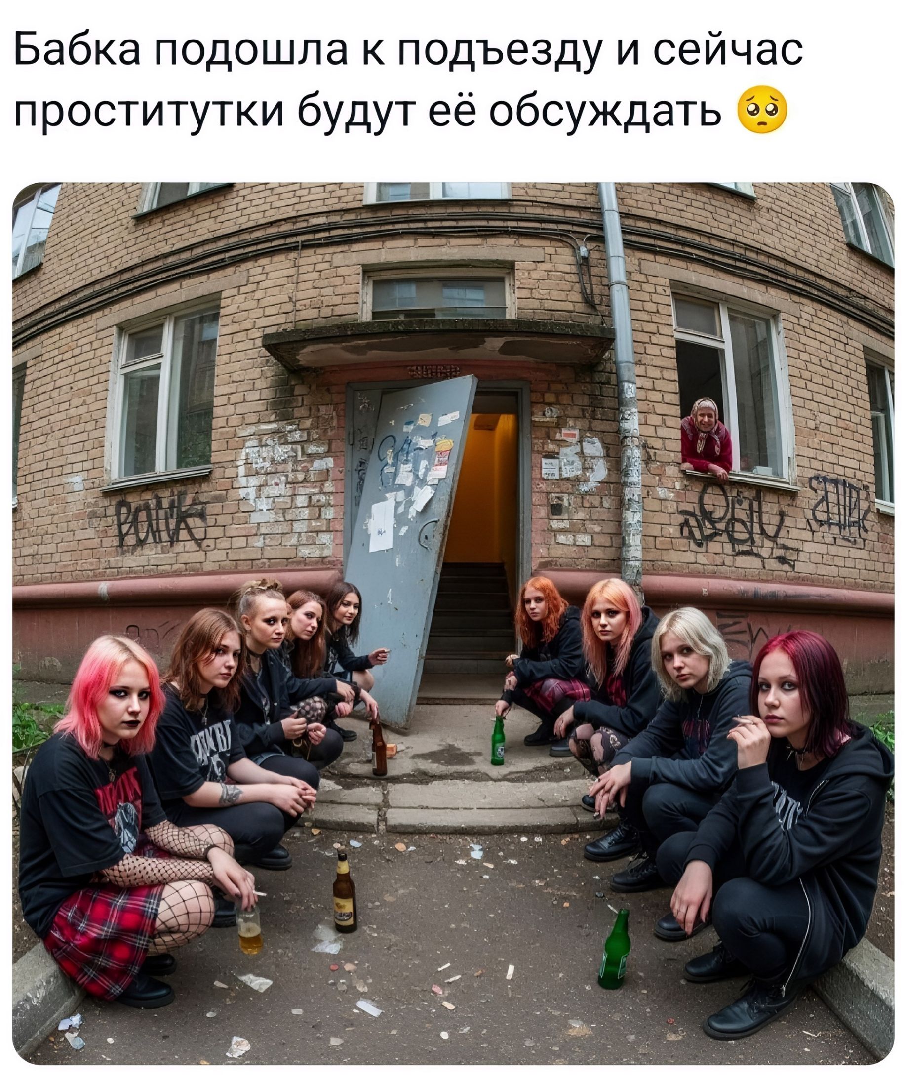 Бабка подошла к подъезду и сейчас проститутки будут её обсуждать 😳